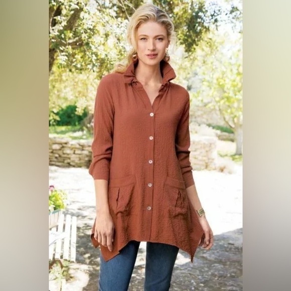 Soft Surroundings Tops - Soft Surrounding Crinkled Gauze Ruched Neck Plein Air Tunic Shirt in Orange XS